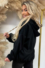 Load image into Gallery viewer, Black Leopard Contrast Drawstring Hood Drop Shoulder Loose Top