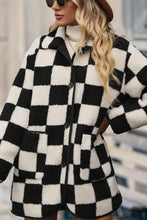 Load image into Gallery viewer, Black Checkered Side Pockets Collared Buttoned Fleece Jacket

