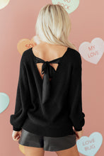 Load image into Gallery viewer, Black Ribbed Knit Ribbon Knot Backless Drop Shoulder Sweater

