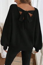 Load image into Gallery viewer, Black Ribbed Knit Ribbon Knot Backless Drop Shoulder Sweater
