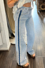 Load image into Gallery viewer, Beau Blue Contrast Stripe Frayed Side Patchwork Jeans

