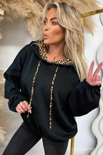 Load image into Gallery viewer, Black Leopard Contrast Drawstring Hood Drop Shoulder Loose Top
