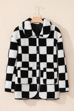 Load image into Gallery viewer, Black Checkered Side Pockets Collared Buttoned Fleece Jacket
